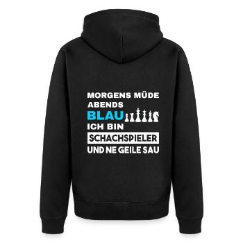 Morgens Müde Abends Blau Schachspieler - Unisex Premium Bio Zip Hoodie - Schwarz - Hinten - Nico (187cm)