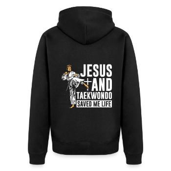 Jesus and Taekwondo saved me life - Unisex Premium Bio Zip Hoodie - Schwarz - Hinten - Nico (187cm)
