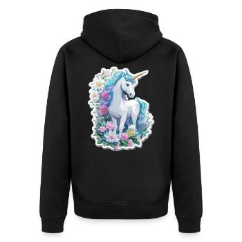 Einhorn im Blumengarten - Unisex Premium Bio Zip Hoodie - Schwarz - Hinten - Nico (187cm)