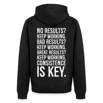 no results keep working bad results keep working - Unisex Premium Bio Zip Hoodie - Schwarz - Hinten - Nico (187cm)