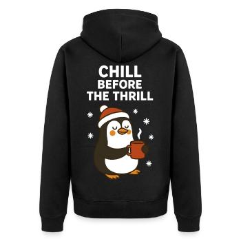 Entspann dich vor dem Nervenkitzel Lustiger Feiertagspinguin - Unisex Premium Bio Zip Hoodie - Schwarz - Hinten - Nico (187cm)