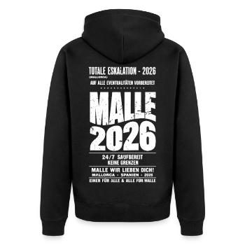 Malle 2026 Totale Eskalation 24/7 saufbereit  - Unisex Premium Bio Zip Hoodie - Schwarz - Hinten - Nico (187cm)