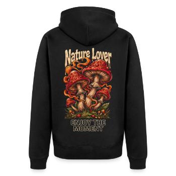 Nature Lover Pilz - Enjoy the Moment - Unisex Premium Bio Zip Hoodie - Schwarz - Hinten - Nico (187cm)