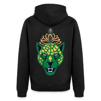 Grüner Leopard mit Feder - Unisex Premium Bio Zip Hoodie - Schwarz - Hinten - Nico (187cm)
