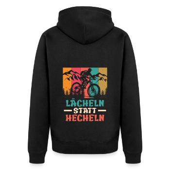 Elektro Rad E-BIKE LÄCHELN STATT HECHELN Lustiges - Unisex Premium Bio Zip Hoodie - Schwarz - Hinten - Nico (187cm)