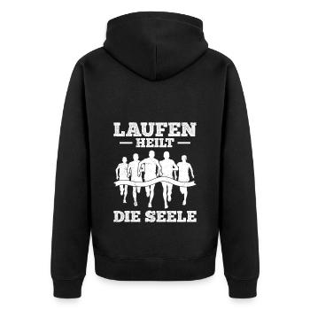 Läufer LAUFEN HEILT DIE SEELE Lustiges - Unisex Premium Bio Zip Hoodie - Schwarz - Hinten - Nico (187cm)