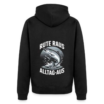 Angeln | Rute raus Alltag aus | Angler - Unisex Premium Bio Zip Hoodie - Schwarz - Hinten - Nico (187cm)