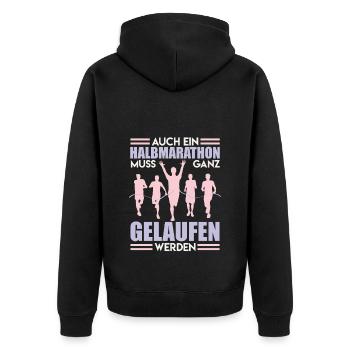 Läufer AUCH HALBMARATHON MUSS GELAUFEN WERDEN - Unisex Premium Bio Zip Hoodie - Schwarz - Hinten - Nico (187cm)