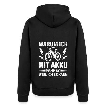 Elektro Fahrrad WARUM ICH MIT AKKU FAHRE? Lustiges - Unisex Premium Bio Zip Hoodie - Schwarz - Hinten - Nico (187cm)