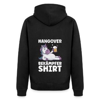 Mallorca HANGOVER BEKÄMPFER SHIRT Lustiges - Unisex Premium Bio Zip Hoodie - Schwarz - Hinten - Nico (187cm)