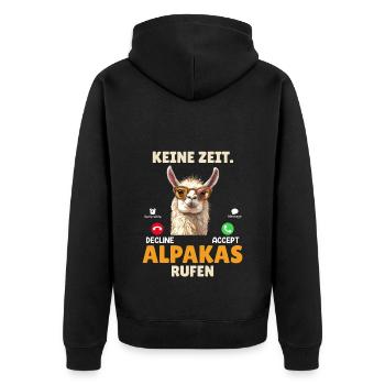 Alpaka KEINE ZEIT ALPAKAS RUFEN Lama Lustig - Unisex Premium Bio Zip Hoodie - Schwarz - Hinten - Nico (187cm)