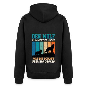 Wolf Spirit WOLF KÜMMERTS NICHT WAS SCHAFE DENKEN - Unisex Premium Bio Zip Hoodie - Schwarz - Hinten - Nico (187cm)