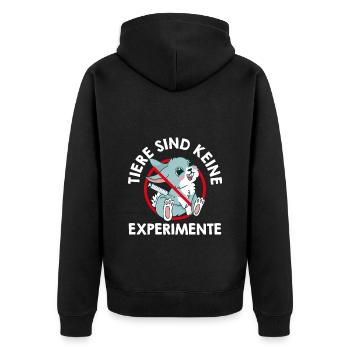 Tierwohl TIERE SIND KEINE EXPERIMENTE LUSTIG - Unisex Premium Bio Zip Hoodie - Schwarz - Hinten - Nico (187cm)