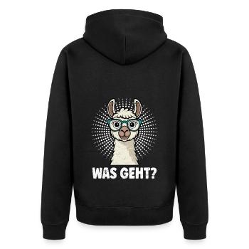 Alpaka WAS GEHT? Cooles Lama Lustiges - Unisex Premium Bio Zip Hoodie - Schwarz - Hinten - Nico (187cm)