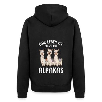 Alpaka DAS LEBEN IST BETTER MIT ALPAKAS Lustiges - Unisex Premium Bio Zip Hoodie - Schwarz - Hinten - Nico (187cm)