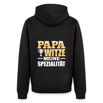 Zukünftiger Vater PAPA WITZE MEINE SPEZIALITÄT - Unisex Premium Bio Zip Hoodie - Schwarz - Hinten - Nico (187cm)