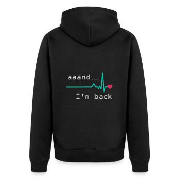 Uuund ich bin zurück, Herzinfarkt Überlebender - Unisex Premium Bio Zip Hoodie - Schwarz - Hinten - Nico (187cm)