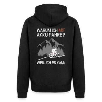 e-MTB - WARUM ICH MIT AKKU FAHRE ? E-Mountainbiker - Unisex Premium Bio Zip Hoodie - Schwarz - Hinten - Nico (187cm)