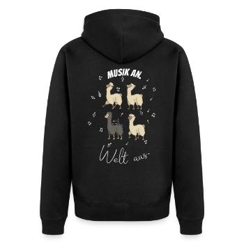 Alpaka- Design für Musiker. Musik an. Welt aus. - Unisex Premium Bio Zip Hoodie - Schwarz - Hinten - Nico (187cm)