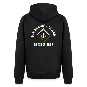 Ich glaub' ich hab Ostseefieber Weiß/Gelb - Unisex Premium Bio Zip Hoodie - Schwarz - Hinten - Nico (187cm)