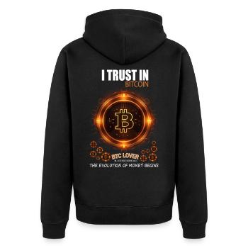 I TRUST IN BITCOIN BTC EVOLUTION OF MONEY BEGINS - Unisex Premium Bio Zip Hoodie - Schwarz - Hinten - Nico (187cm)