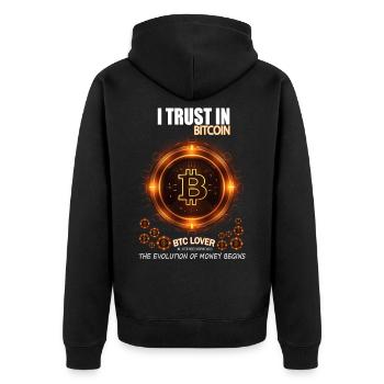 ICH VERTRAUE AUF BITCOIN BTC EVOLUTION DES GELDES - Unisex Premium Bio Zip Hoodie - Schwarz - Hinten - Nico (187cm)