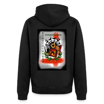 Kvnstschmerz Punk Oi! Streetwear - Unisex Premium Bio Zip Hoodie - Schwarz - Hinten - Nico (187cm)