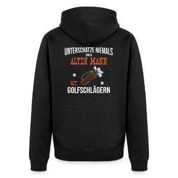 Alter Mann mit Golfschlägern - Golfer Golf spielen - Unisex Premium Bio Zip Hoodie - Schwarz - Hinten - Nico (187cm)