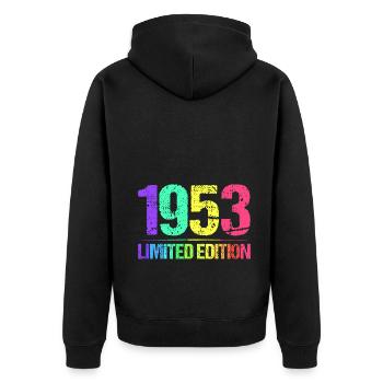 1953 Limited Edition Jahrgang 53er Retro Jahrgang - Unisex Premium Bio Zip Hoodie - Schwarz - Hinten - Nico (187cm)