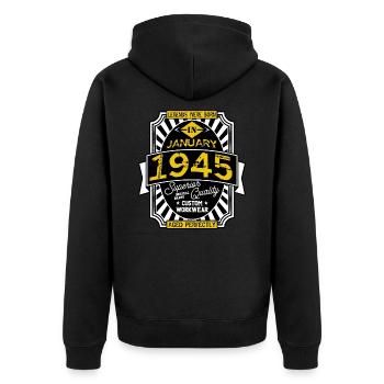 1945 JANUAR - Unisex Premium Bio Zip Hoodie - Schwarz - Hinten - Nico (187cm)