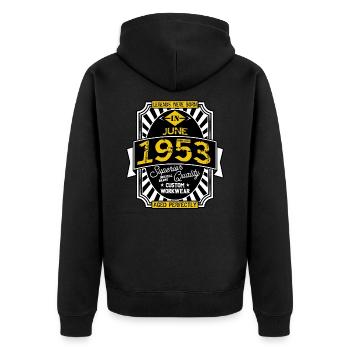 1953 JUNI - Unisex Premium Bio Zip Hoodie - Schwarz - Hinten - Nico (187cm)