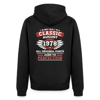 Born in 1978 Classic Birthday Gift August - Unisex Premium Organic Zip Hoodie - black - Back - Nico (187cm)