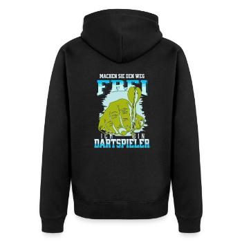 Eilige Dartspieler die zum Spiel wollen - Unisex Premium Bio Zip Hoodie - Schwarz - Hinten - Nico (187cm)