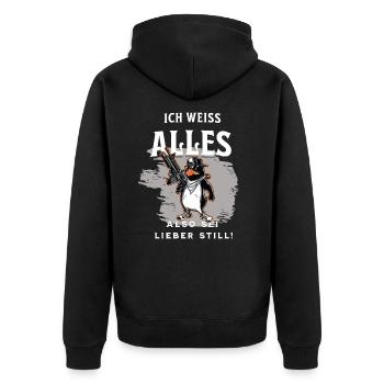 Pinguin kennt dein Geheimnis - Unisex Premium Bio Zip Hoodie - Schwarz - Hinten - Nico (187cm)