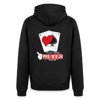 Play Aces never Slow Poker pokern - Unisex Premium Bio Zip Hoodie - Schwarz - Hinten - Nico (187cm)
