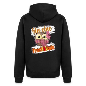 Witzige Eule Frostbeule Wortspiel Vogel ist Kalt - Unisex Premium Bio Zip Hoodie - Schwarz - Hinten - Nico (187cm)