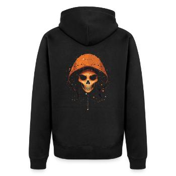 Orangefarbener Skelettkopf mit Kapuze, Halloween - Unisex Premium Bio Zip Hoodie - Schwarz - Hinten - Nico (187cm)