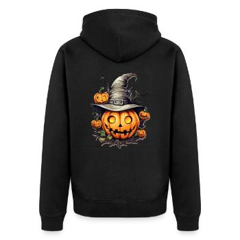 Pumpkin head wearing a witch hat, halloween - Unisex Premium Organic Zip Hoodie - black - Back - Nico (187cm)