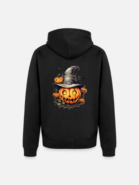 Kürbiskopf mit Hexenhut, Halloween - Unisex Premium Bio Zip Hoodie - Schwarz