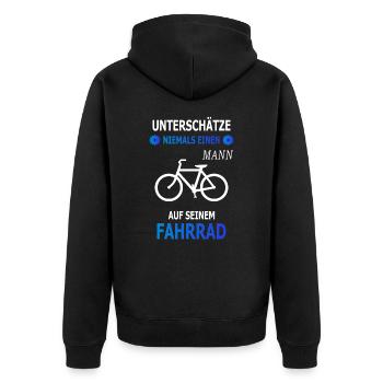 Unterschätze niemals einen Mann - Fahrrad - Unisex Premium Bio Zip Hoodie - Schwarz - Hinten - Nico (187cm)