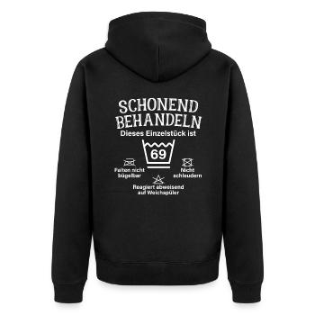 Schonend Behandeln 69. Geburtstag Einzelstück 69 - Unisex Premium Bio Zip Hoodie - Schwarz - Hinten - Nico (187cm)
