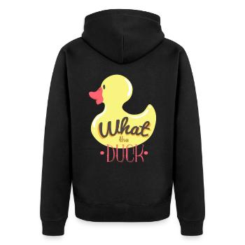What the duck (fuck) - Ente, Typografie - Unisex Premium Bio Zip Hoodie - Schwarz - Hinten - Nico (187cm)
