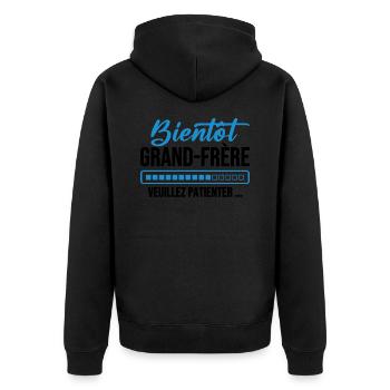 Bald großer Bruder, bitte warten - Unisex Premium Bio Zip Hoodie - Schwarz - Hinten - Nico (187cm)