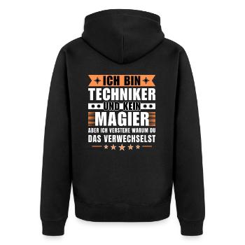 Ich bin Techniker und kein Magier - Unisex Premium Bio Zip Hoodie - Schwarz - Hinten - Nico (187cm)