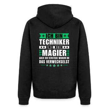 Ich bin Techniker und kein Magier - Unisex Premium Bio Zip Hoodie - Schwarz - Hinten - Nico (187cm)