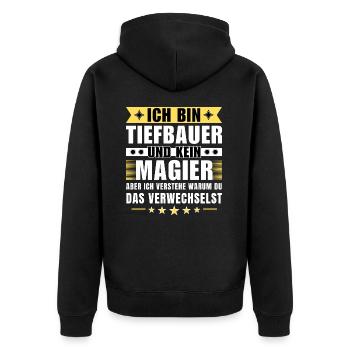 Ich bin Tiefbauer und kein Magier - Unisex Premium Bio Zip Hoodie - Schwarz - Hinten - Nico (187cm)