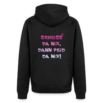 Scheiss da nix, lustiger Spruch - Unisex Premium Bio Zip Hoodie - Schwarz - Hinten - Nico (187cm)