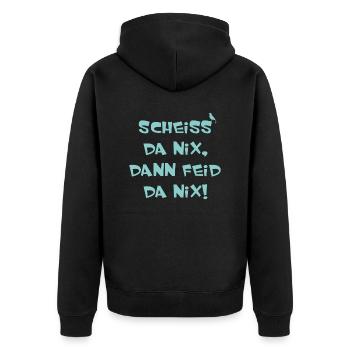 Scheiss da nix dann feid da nix - Unisex Premium Bio Zip Hoodie - Schwarz - Hinten - Nico (187cm)