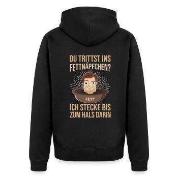 Fettnäpfchen? ich stecke bis zum Hals drin - Unisex Premium Bio Zip Hoodie - Schwarz - Hinten - Nico (187cm)