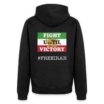 Iranische Löwenschwert-Flagge KÄMPFE BIS ZUM SIEG, - Unisex Premium Bio Zip Hoodie - Schwarz - Hinten - Nico (187cm)